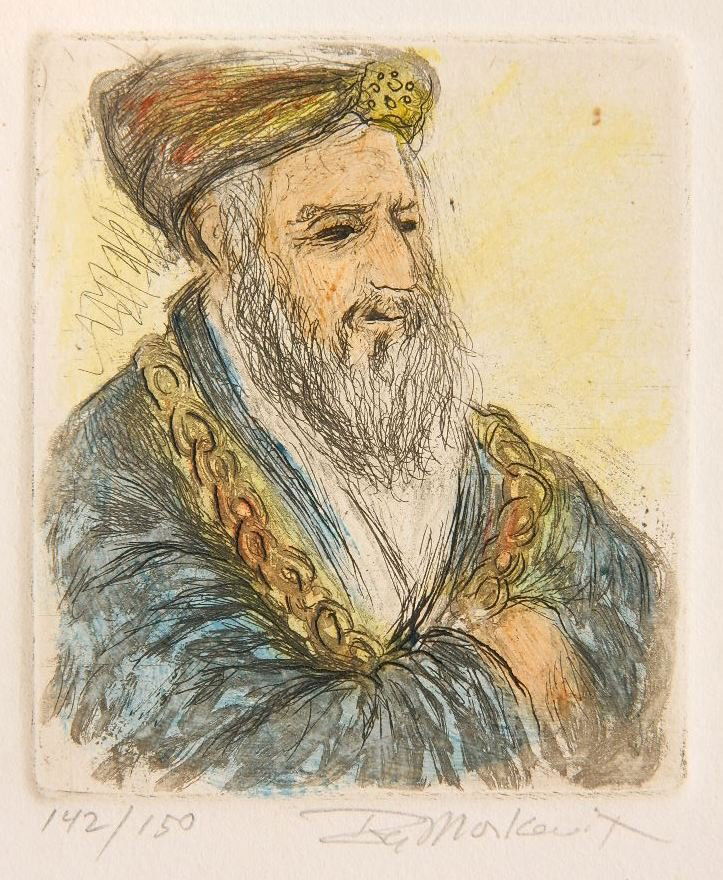 Ira Moskowitz etching: Ira Moskowitz- ''Scribe''- etching with hand-coloring, signed and numbered 142/150 in pencil. 3 7/8 x 3 1/4''