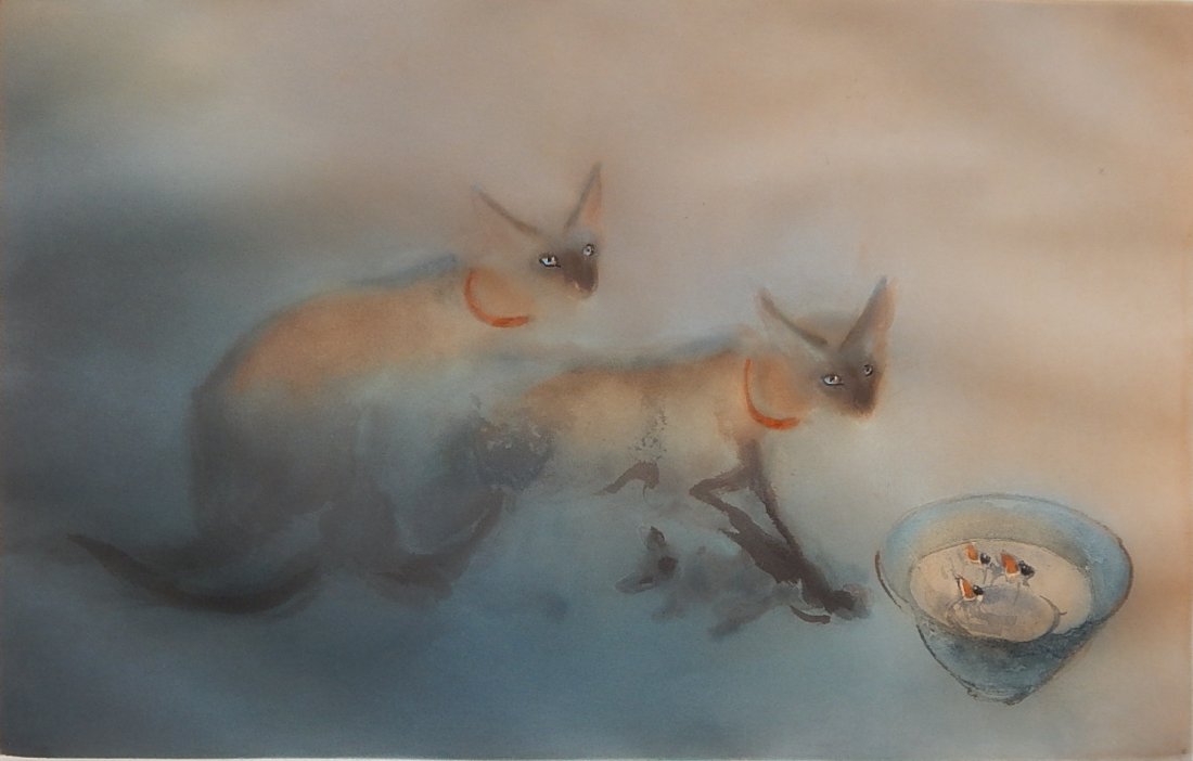 Kaiko Moti etching: Kaiko Moti- Two Cats- etching in colors, signed and numbered 25/200 in pencil, good condition. 14 1/2 x 22 3/4''