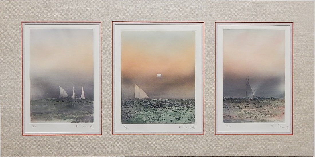 Kaiko Moti triptych aquatint: Kaiko Moti- ''Between Wind and Water''- triptych aquatint in colors, signed and numbered 496/500 in pencil. 9 1/2 x 6 1/2''