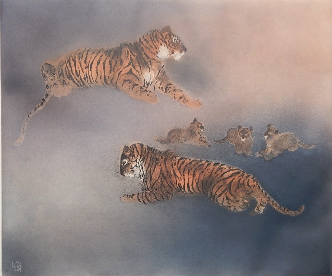 Kaiko Moti etching: Kaiko Moti- Tigers and Cubs- etching in colors, signed and numbered 44/180 in pencil, good condition. 19 x 23''