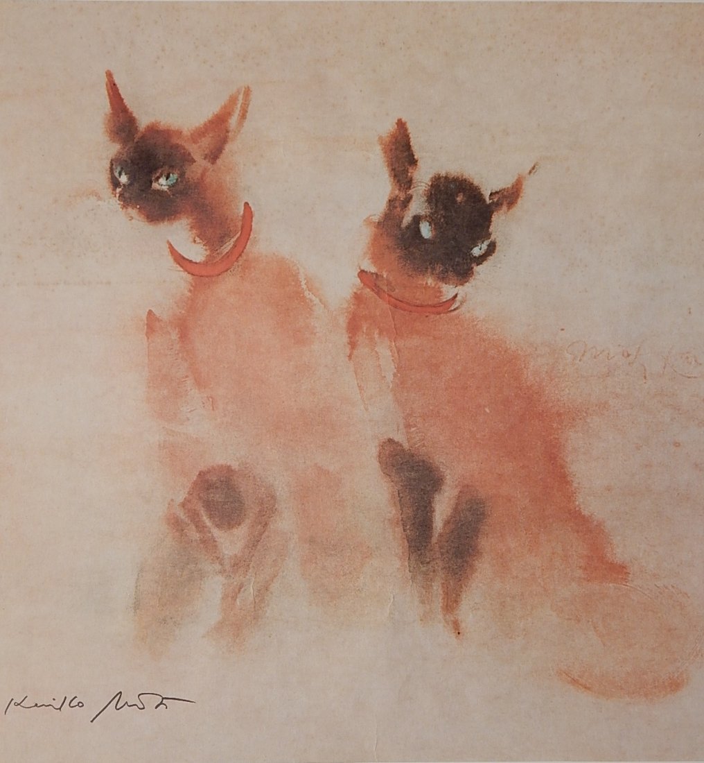 Kaiko Moti etching: Kaiko Moti- Two Siamese- etching in colors, signed in pencil, good condition. 21 1/2 x 20 5/8''