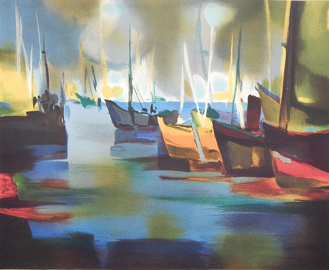 Marcel Mouly lithograph: Marcel Mouly- Boats on Water- lithograph in colors, signed and numbered 17/30 in pencil, good condition. 18 x 22''