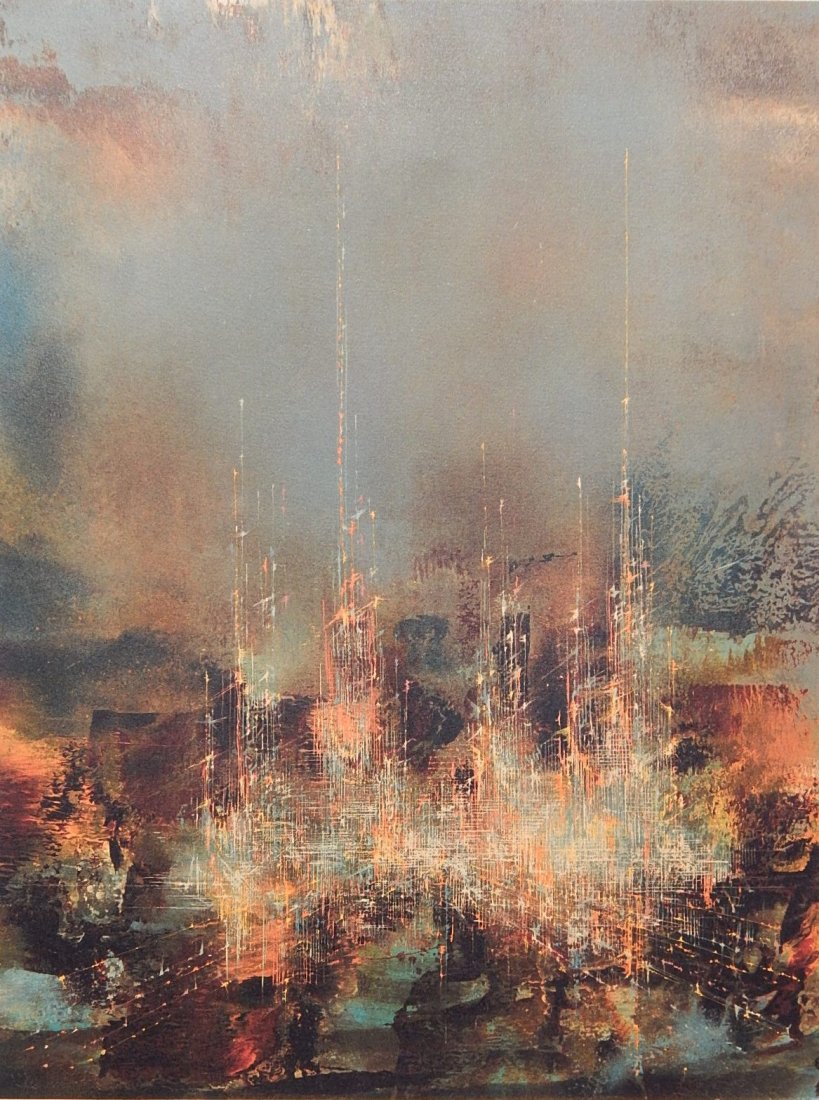 Leonardo Nierman lithograph: Leonardo Nierman- ''City Sunset''- lithograph in colors, signed and numbered 195/250 in pencil, good condition. 23 x 17''