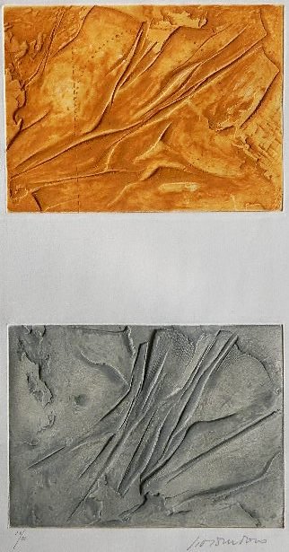 Gio Pomodoro etching: Gio Pomodoro- Untitled- etching in colors, signed and numbered 29/50, very good condition. 7 x 9 1/4'' ea.