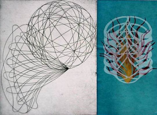 Steve Sorman etching: Steven Sorman- ''for wont''- etching and collage, 2004, signed, dated and titled in pencil, edition of 250, The Print Club of Cleveland publication no. 84, very good condition. 11 3/4 x 16''