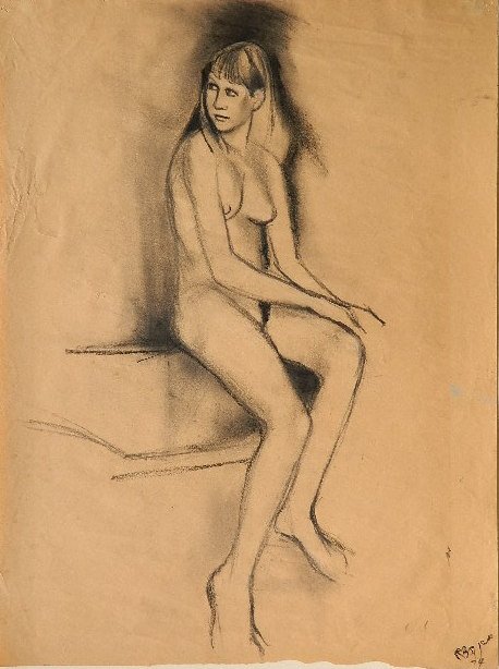 20th c. American School charcoal: 20th c. American School- ''Study Drawing, Female Nude''- charcoal, overall creases, 4 horizontal tears and puncture upper left, tear in upper right, some staining, blue pigment marking center right ed