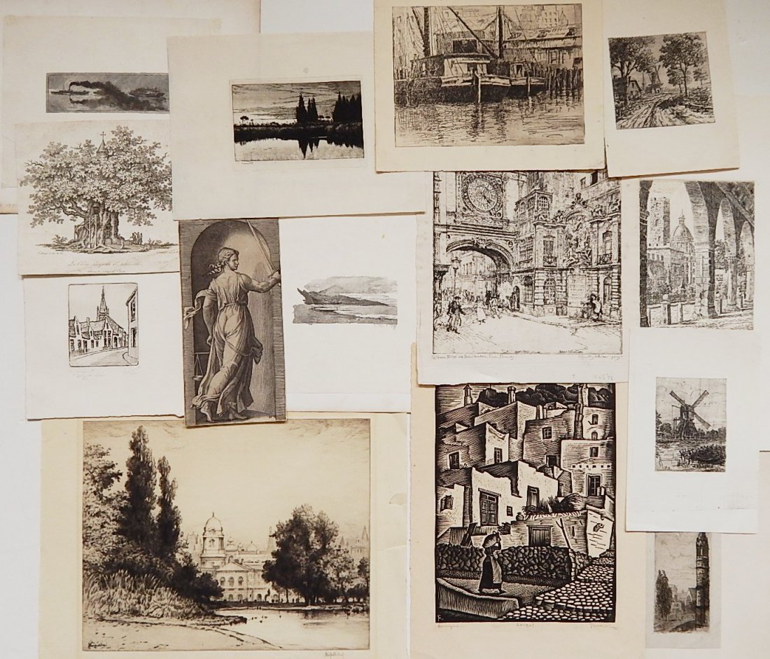 25 19/20th c. American & European School etchings: 25 19/20th c. American & European School etchings- included works by Edmund Sullivan- Rouen, Normandy; John Fullwood- ''St. James Park - London''; Henry Farrer- Landscape; 4 signed in pencil, generall