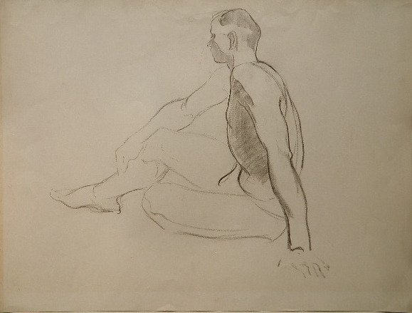 George G. Adomeit charcoal drawing: George G. Adomeit- ''Figure Study with Male Nude''- charcoal, light struck, some dirt/grime around edges, some smudging around head, handling creases. 19 x 25''