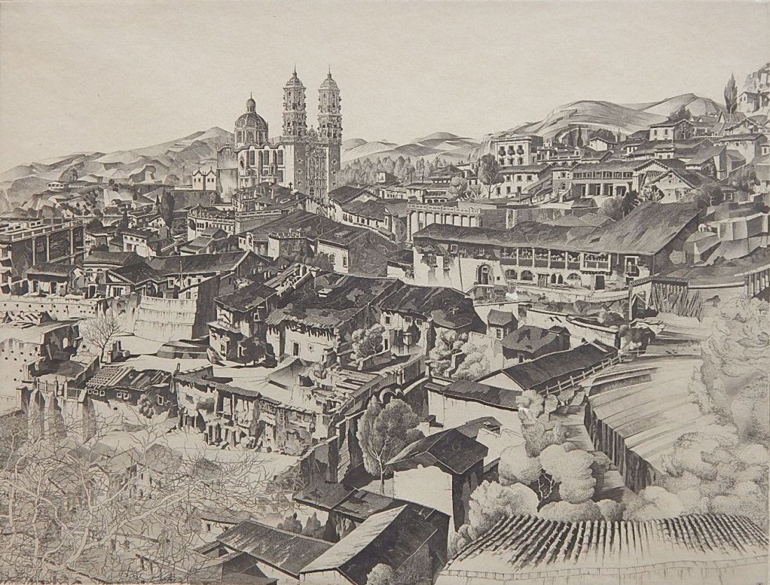 John Taylor Arms etching: John Taylor Arms- ''Light and Shade, Taxco'' (Fletcher 394)- etching, 1946, signed, dated and annotated in pencil, Mexican Series no. 2, 2 scuffs in image. 10 1/2 x 13 5/8''
