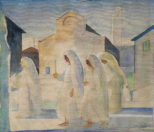 John Lorin Black watercolor: John Lorin Black- ''Communicants''- watercolor, 1929, signed in watercolor, light struck, adhered to back board, tack holes in margin, slight buckling of paper, worn edges. 20 1/8 x 23''