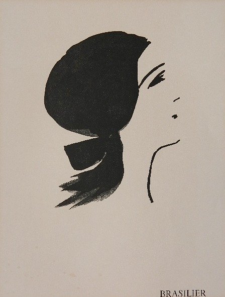 Andre Brasilier lithograph: Andre Brasilier- Woman in Profile- lithograph, 1970, cover for L'Atelier, slightly light struck, age and mat toned, spots of minor staining lower left. 10 x 8''