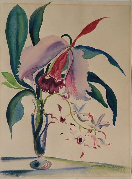 Marion Camp Bryson watercolor: Marion Camp Bryson- ''Exotic Orchids''- watercolor, signed in pencil, light struck, mat burn, otherwise good condition. 24 x 17 3/4''