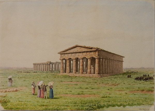 Jim Camparrile (?) watercolor: Jim Camparrile (?)- ''Paestum''- watercolor on paper, signed in ink Camparrile- lower right, light struck, dogear crease in lower right corner, otherwise good condition. 14 x 19 1/2''