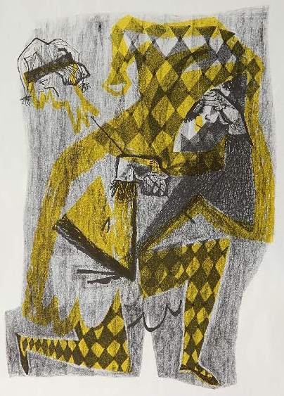 Ted Carr lithograph: Ted Carr- ''Pierrot''- lithograph with color, light struck, handling creases, some foiling around lower left edges, overall fair condition. 22 1/2 x 18 3/4''