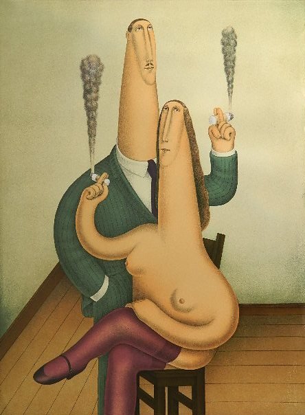 Roy Carruthers lithograph: Roy Carruthers- Couple Smoking- lithograph in colors, c. 1970. 30 x 22 1/2'' (sheet)