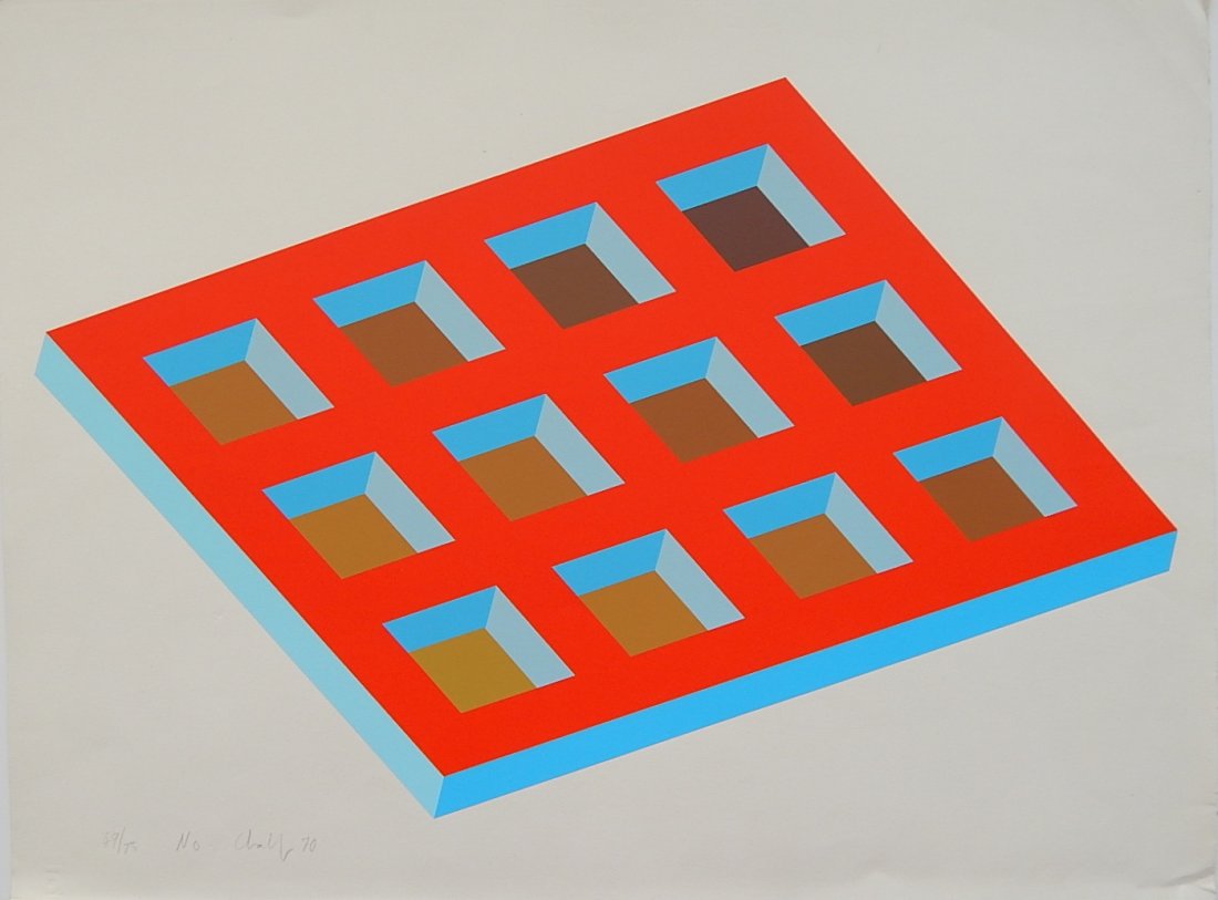 Michael Challenger silkscreen: Michael Challenger- Untitled- silkscreen, 1970, signed, dated and numbered 49/75 in pencil, some creases and handling in margins, otherwise good condition. 19 1/2 x 28 3/4''