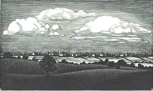 Asa Cheffetz wood engraving: Asa Cheffetz- ''Clouds Over The Valley'' (Springfield 51)- wood engraving, 1935, edition of about 200 published by AAG. 8 x 11''