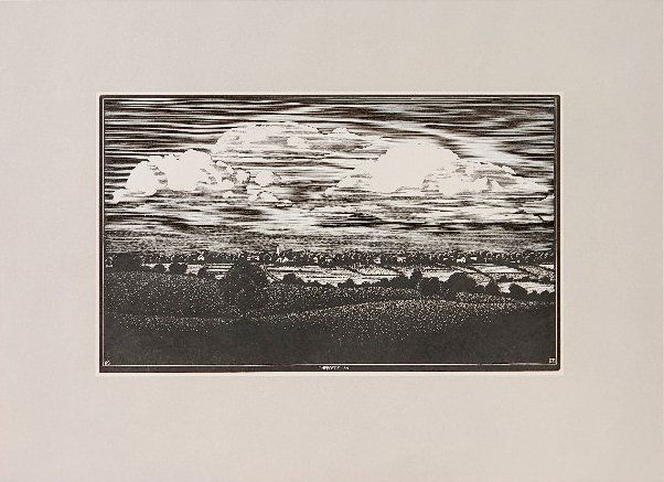 Asa Cheffetz woodcut: Asa Cheffetz- ''Clouds Over The Valley'' (Springfield 51)- wood engraving, 1935, edition of about 200 published by AAG. 8 x 11''