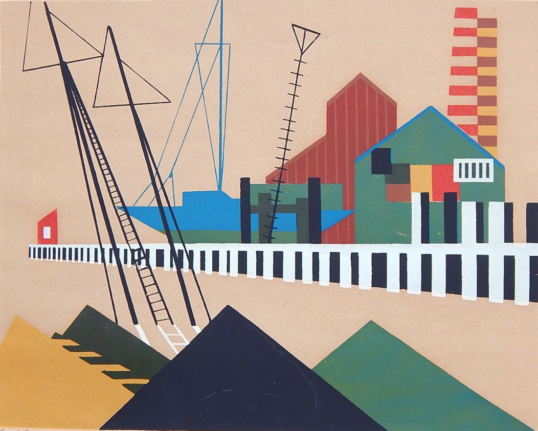 John Russell Clift silkscreen: John Russell Clift- ''The Long Wharf''- silkscreen in colors, 1952, signed and titled in pencil, some scuffs in surface. 12 1/2 x 15 3/4''