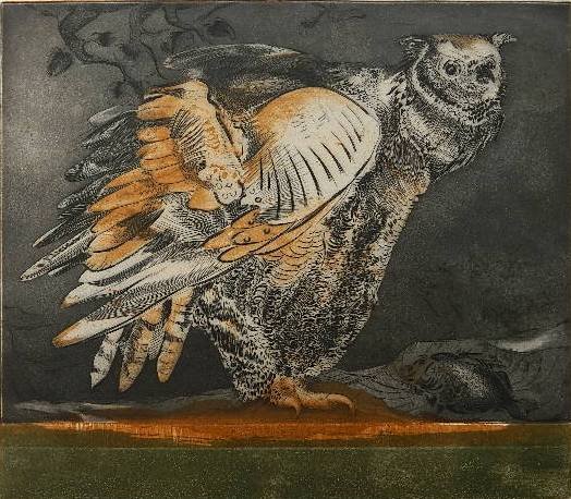 Don Cough intaglio: Don Cough- ''Owl and Fish''- intaglio with color, signed, titled and inscribed A.P., printer's fingerprint / smudges upper and lower left margin, otherwise good condition. 14 3/4 x 17''