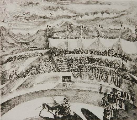 Hermine David drypoint: Hermine David- ''La Corrida''- drypoint, 1929, signed in pencil, slightly light struck, few minor foxing. 10 1/8 x 11 5/8''