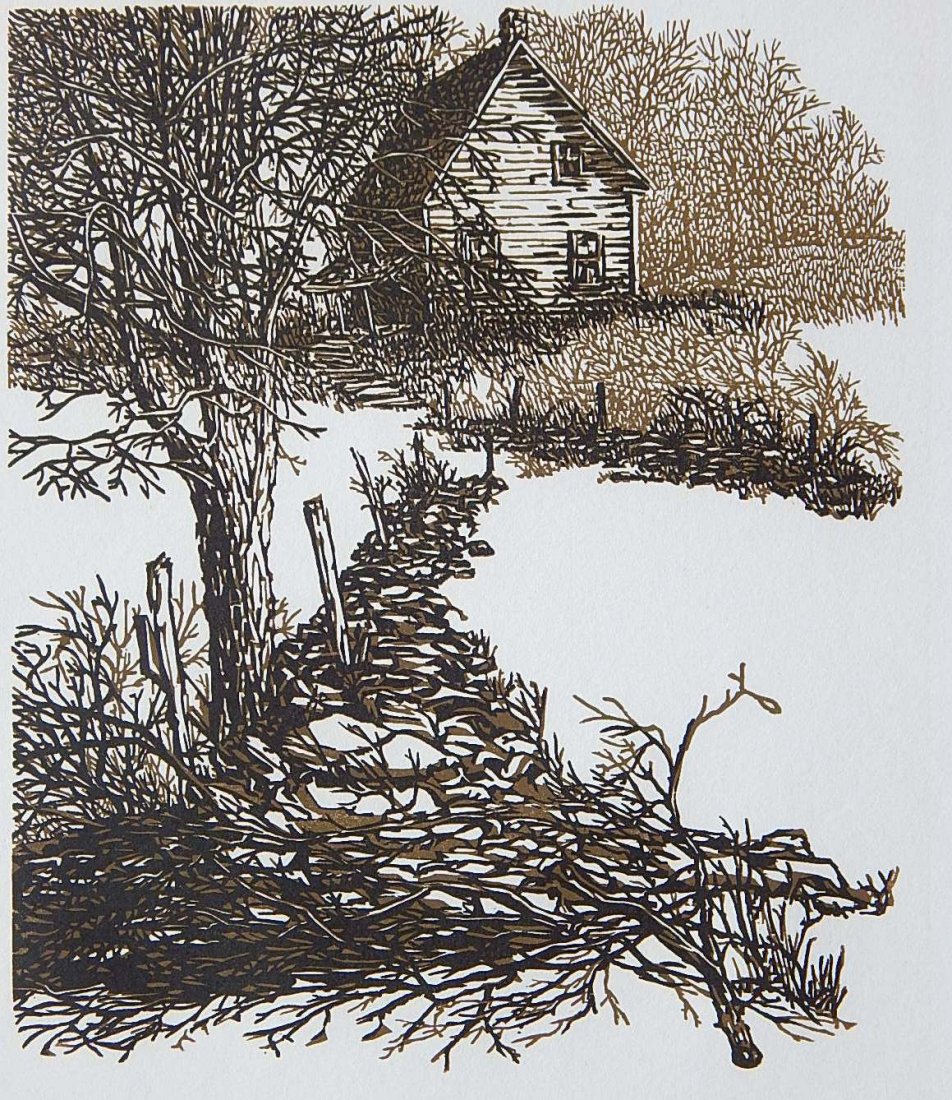 Frank Eckmair woodcut: Frank Eckmair- ''On The Old Road''- woodcut in two colors, signed, titled and numbered 213/250 in pencil, couple abrasions top edge, not affecting image. 11 x 9 1/4''