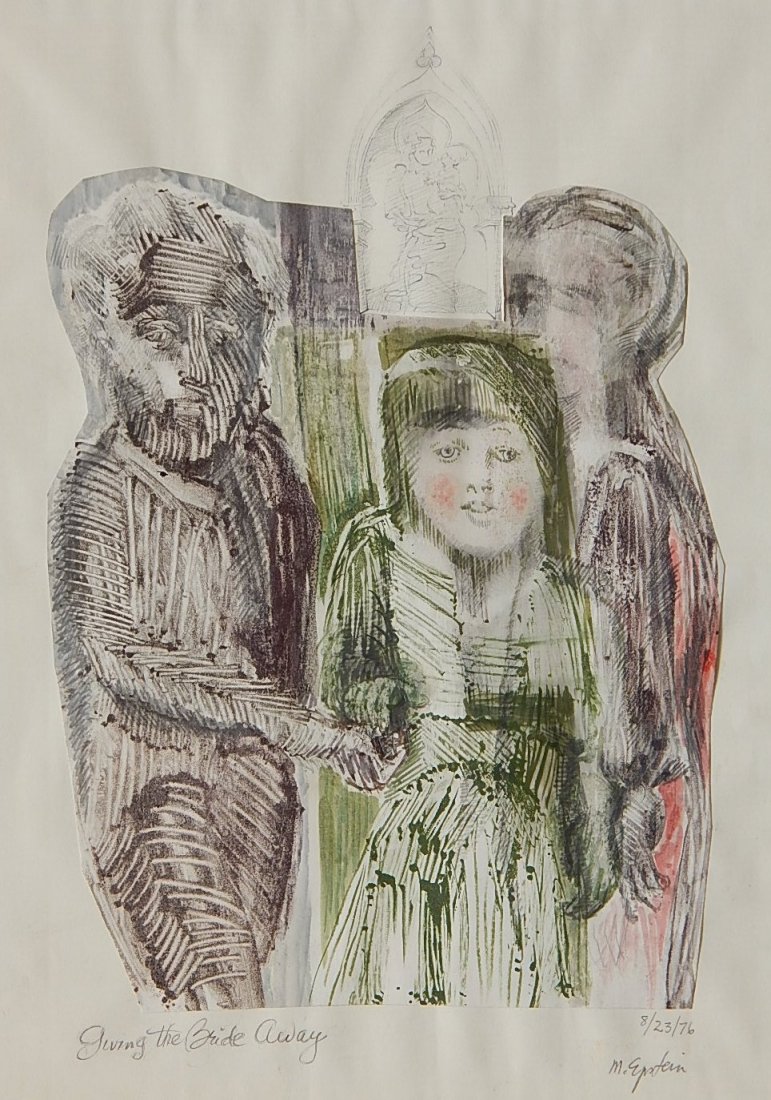 Marion Epstein mixed media collage: Marion Epstein- ''Giving Bride Away''- mixed media collage, 1976, signed, titled and dated, good condition. 14 1/2 x 10''