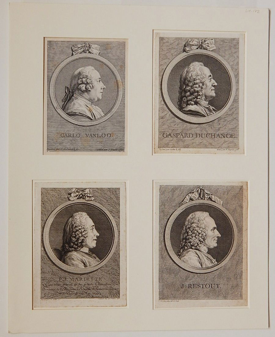 4 European engravings: 4 European engravings- 1.) J. Daulle- ''Carlo Vanloo''; 2.) N. Dupis- ''Gaspard Duchange''; 3.) Aubin- ''P. J. Mariette''; 4.) Cochin- J. Restout; overall fair condition with some soiling and foxing,