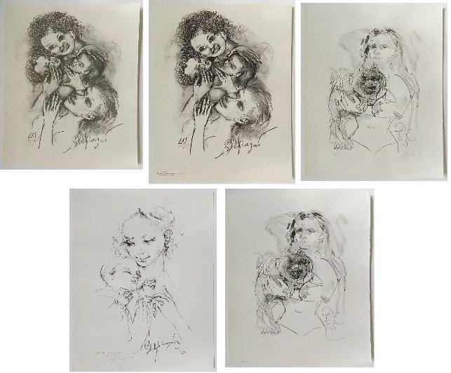 Philip Evergood 5 prints: Philip Evergood- ''Girl and Old Dog'' (2); ''Mother and Child''; ''Two Mothers'' (2)- 4 lithographs and 1 off-set lithograph, 1965, c. 1960 and 1961, various sizes.