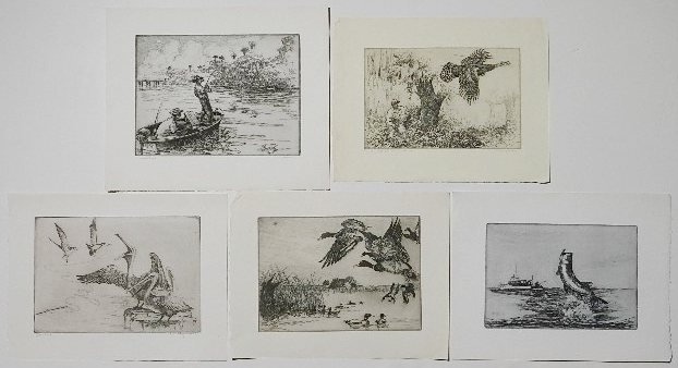 Kent Hagerman 5 etchings: Kent Hagerman- ''Hold Him''; ''Turkey Hunt''; ''Dubs Cast''; Fish Out of Water; Geese in Flight- 5 etchings, 3 signed and titled in pencil, few with minor soiling and staining, otherwise good conditio