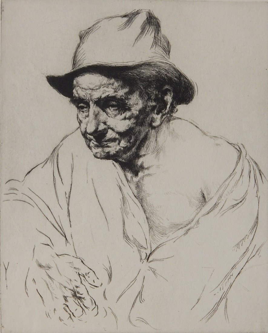 Arthur Heintzelman etching: Arthur Heintzelman- ''Three Score and Ten'' (Smith 66)- etching, 1919, signed in pencil. 10 1/2 x 8 1/2''