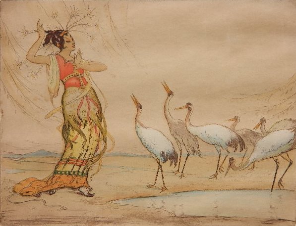 Robert Herdman-Smith etching: Robert Herdman-Smith- ''The Encantress''- etching in colors, c. 1925, signed and titled in pencil, a tear upper right margin away from image, mat toned. 6 7/8 x 8 7/8''