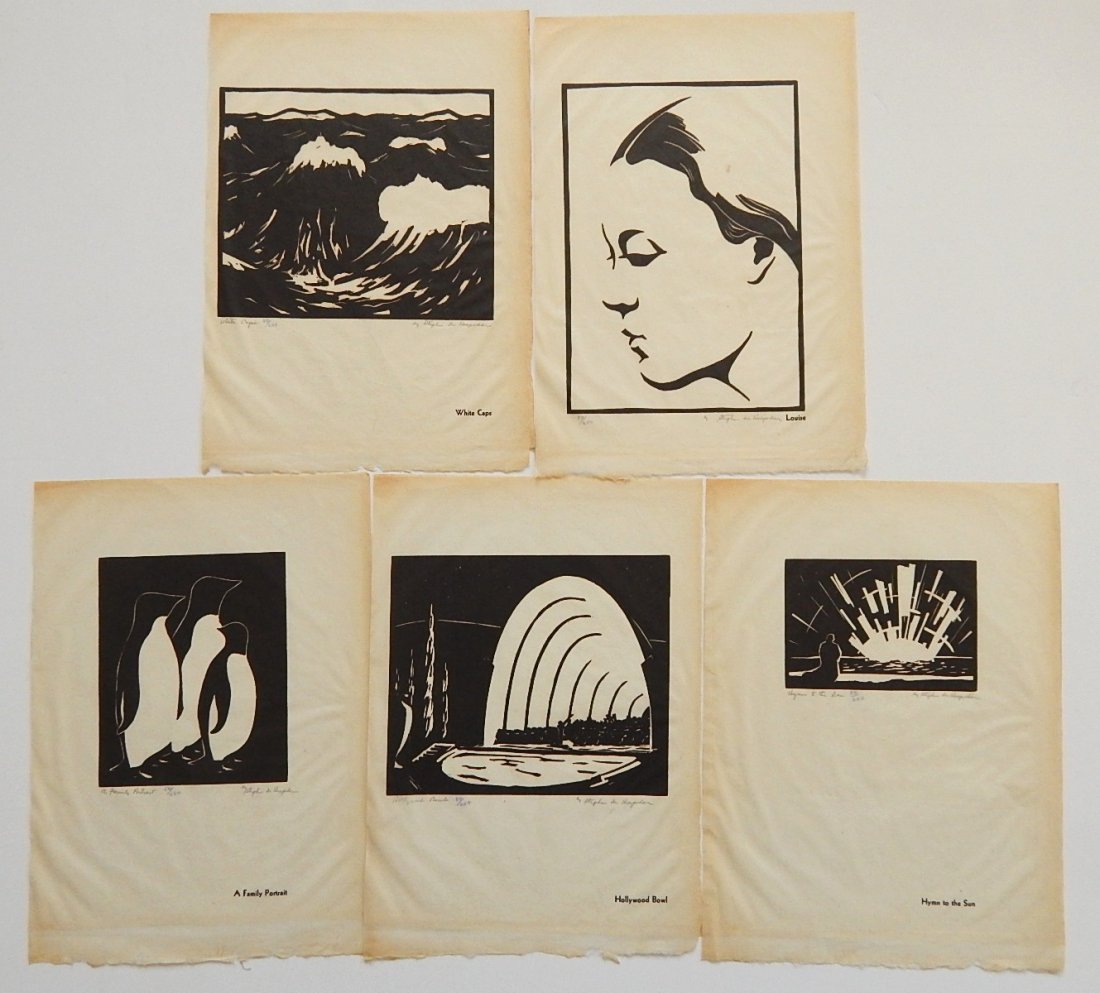Stephen de Hospodar 5 impressions: Stephen de Hospodar- ''A Family Group''; ''Hollywood Bowl''; ''Hymn to The Sun''; ''Louise''; ''White Caps''- 5 impressions, originally bound in the portfolio ''Block Prints by Stephen de Hospodar'', 