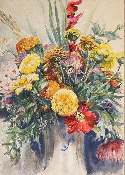 Henry Keller watercolor: Henry Keller- ''Floral Still Life''- watercolor, signed in watercolor, adhere to backboard, very good condition. 20 x 14 1/4''