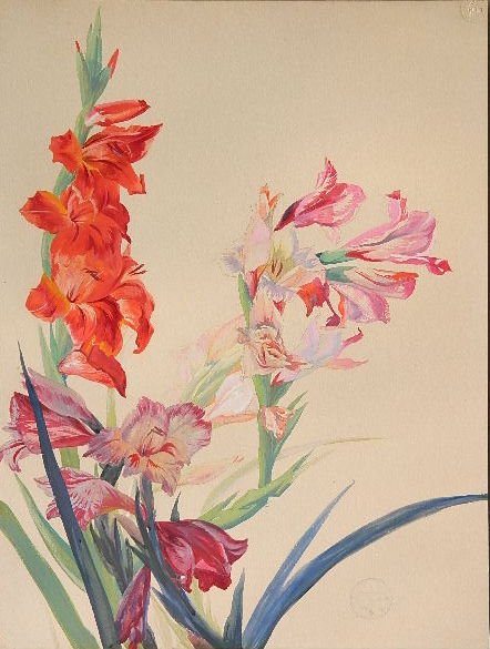 Henry Keller watercolor: Henry Keller- ''Gladiolus''- watercolor on illustration board, monogrammed in watercolor, adhesive residue, otherwise very good condition.