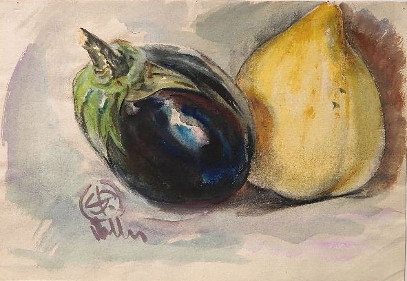 Henry Keller watercolor: Henry Keller- ''Still Life''- watercolor, signed in watercolor, tack holes at center left and upper right edges, sheet folded in half (image on lower half), glue residue along edge verso, otherwise ve