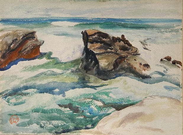 Henry Keller watercolor: Henry Keller- ''Seascape''- watercolor on paper, monogrammed lower left in watercolor, extensive adhesive and tape residue along edges of back board recto, slight mat burn, otherwise image in very goo