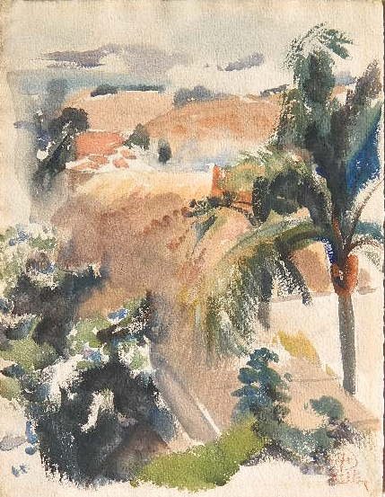 Henry Keller watercolor: Henry Keller- ''Landscape with Palm Tree''- watercolor on paper, signed with monogram in watercolor, pencil sketch verso, minor mat burn, tape remnant verso, otherwise good condition. 15 1/4 x 11 7/8'