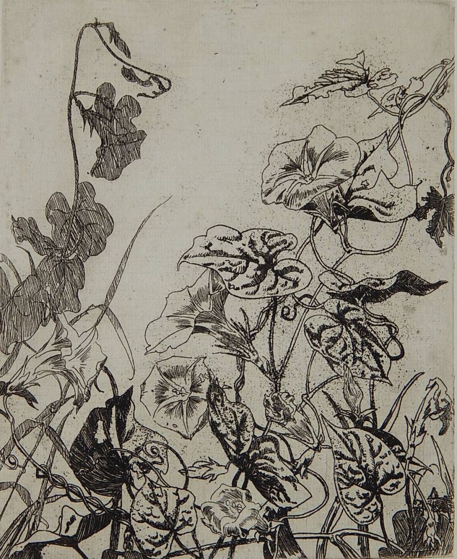 Henry Keller etching: Henry Keller- Flowers- etching, signed in pencil. 7 3/4 x 6 3/8''