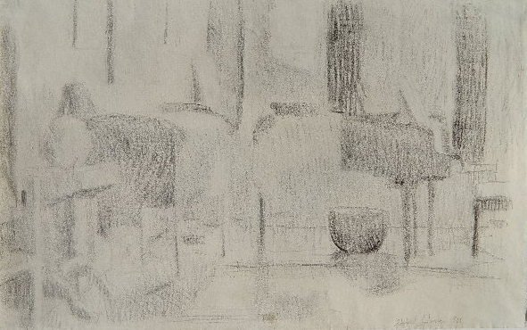 Gabriel Laderman graphite: Gabriel Laderman- ''Interior with Piano''- graphite on paper, 1966, signed and dated in pencil Gabriel Laderman 66- lower right, some abrasion and smudging on surface, irregular paper edges, small fol
