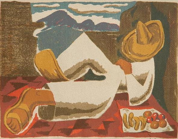 Edward Landon silkscreen: Edward Landon- ''Siesta''- silkscreen in colors, 1941, signed and titled in pencil, for the month of August as a calendar, edition of 100, paper slightly age toned, otherwise very good condition. 8 x