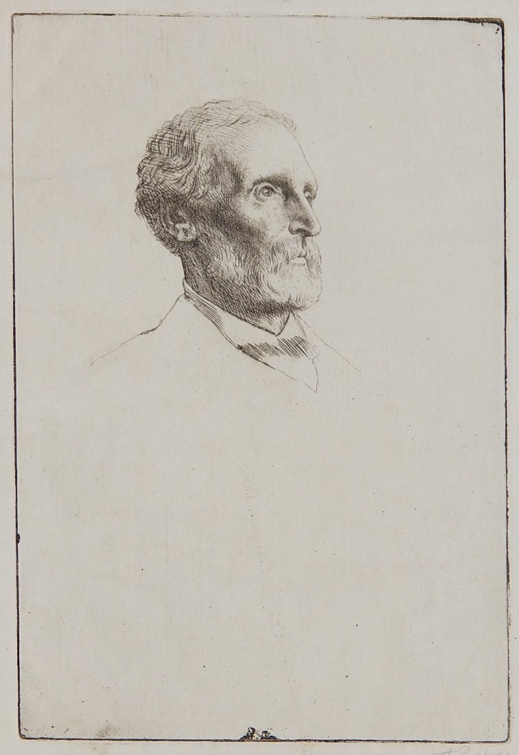 Alphonse Legros drypoint: Alphonse Legros- Portrait of Sir Frederick Burton- drypoint, signed in pencil, soiling and staining throughout, minor tears and loss to corners, overall fair condition. 11 x 7 1/2''