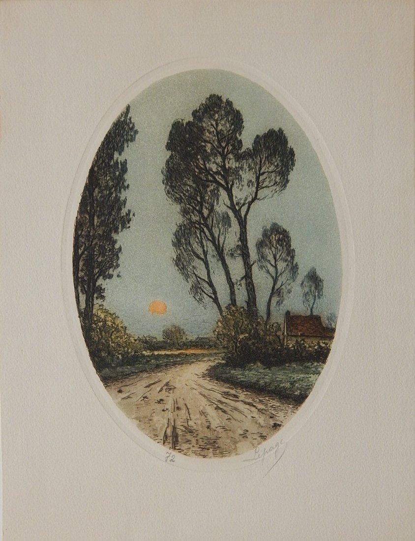 Lepage etching: Lepage- Country Road at Sunset- etching in colors, signed and numbered 72 in pencil. 11 x 7 1/2'' (o)