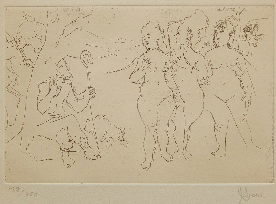 Jack Levine etching: Jack Levine- ''Judgment of Paris''- etching, 1964, signed and numbered 188/250 in pencil, mat burned, otherwise good condition. 5 3/4 x 8 7/8''