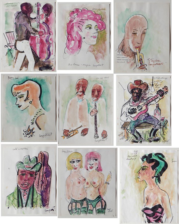 Stephen Longstreet 9 xerographic prints: Stephen Longstreet- ''Trumpet Player''; ''The Real Thing''; ''Jazz Hostess''; ''Black Strings''; ''Peggy Lee''; ''String Snappers''; ''Jazz Blues''; ''Lil The 2nd Mrs. Louie Armstrong'' and ''Cold Wea