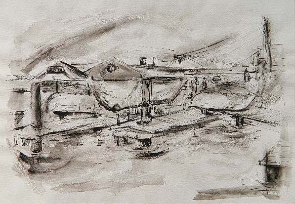 Janet Mack ink and wash sketch: Janet Mack- ''Dock Scene''- ink and wash sketch, 1971, signed in ink, overall cockling / buckling, otherwise good condition. 14 1/8 x 20 1/16''