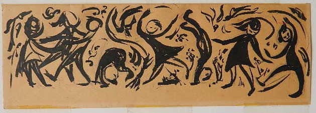 Janet Mack 5 linocut: Janet Mack- ''Spring Parade''- 5 linocut, 1958, all signed in pencil, together with preliminary ink drawing and first state of the print. 6 x 17 1/2''