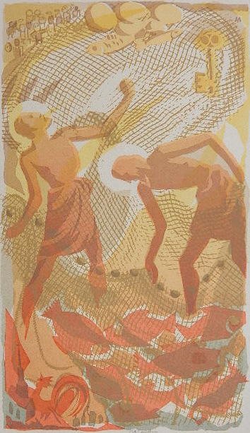 John Menihan serigraph: John Menihan- ''The Net''- serigraph, 1953, signed, dated and annotated 'pub #20' in pencil, very slight handling creases, slight soiling in upper corner, otherwise very good condition. 17 1/2 x 10''