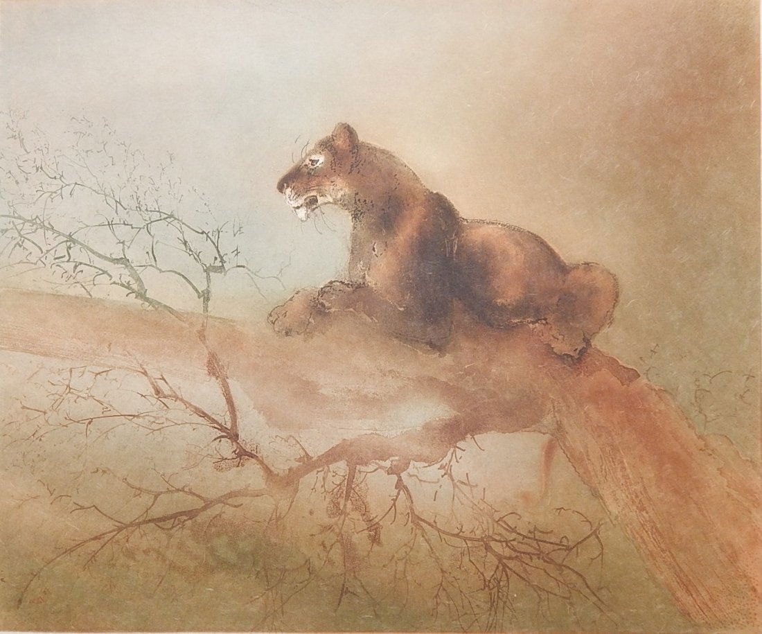 Kaiko Moti aquatint: Kaiko Moti- Tiger in Branch- aquatint in colors, signed and annotated 'E. A.' in pencil, good condition. 19 1/4 x 23 1/4''