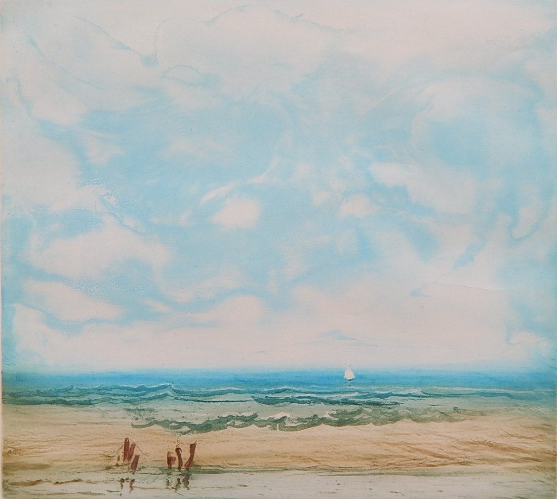 Kaiko Moti etching: Kaiko Moti- Seascape- etching in colors, signed and numbered 107/120 in pencil, slightly light struck, otherwise good condition. 19 1/2 x 21 1/2''